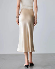 Round Neck Silk Camisole and Silk Midi Skirt Set, Champagne