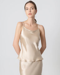Round Neck Silk Camisole and Silk Midi Skirt Set, Champagne
