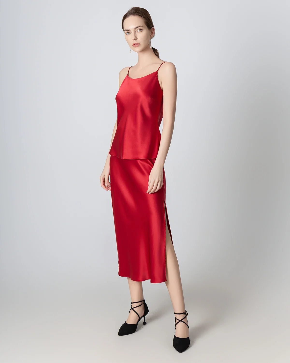 Round Neck Silk Camisole and Silk Midi Skirt Set, Red