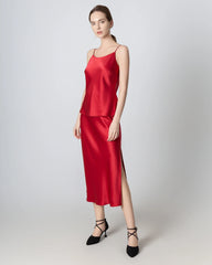 Round Neck Silk Camisole and Silk Midi Skirt Set, Red