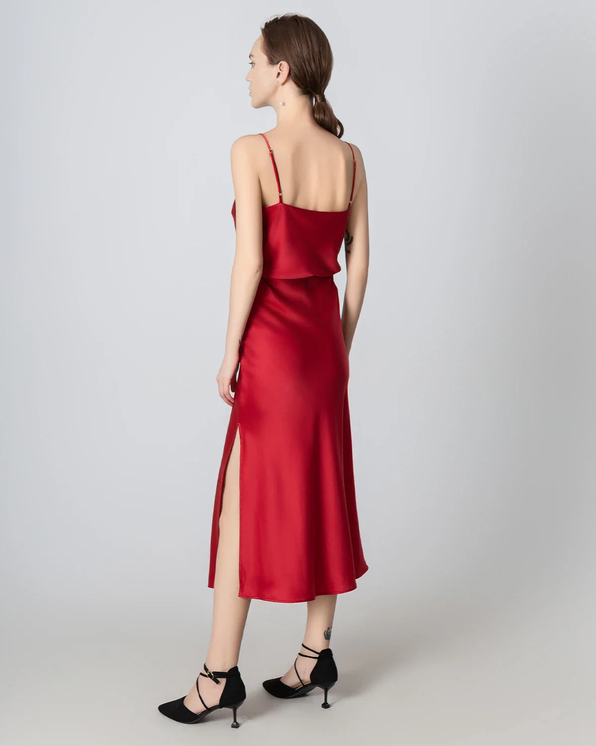 Round Neck Silk Camisole and Silk Midi Skirt Set, Red