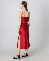 Round Neck Silk Camisole and Silk Midi Skirt Set, Red
