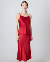 Round Neck Silk Camisole and Silk Midi Skirt Set, Red