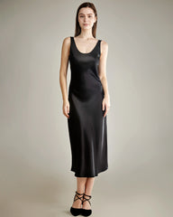 Scoop Neck Midi Silk Slip Dress Black