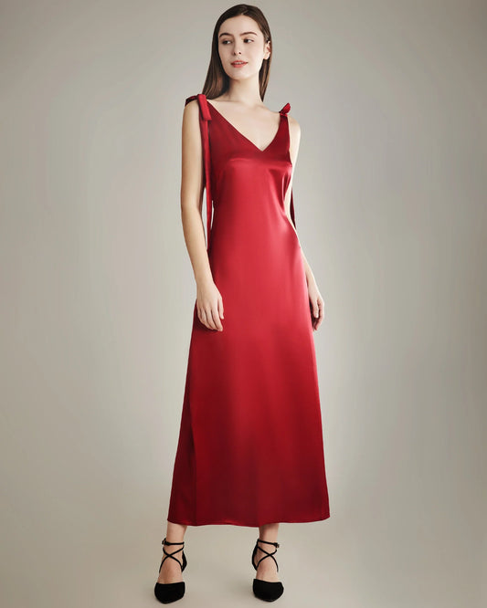 Shoulder Ties Silk Slip Dress, Red