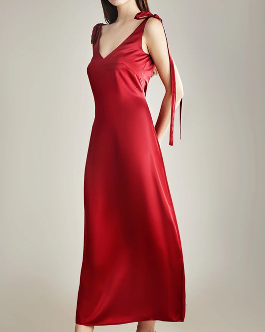 Shoulder Ties Silk Slip Dress, Red