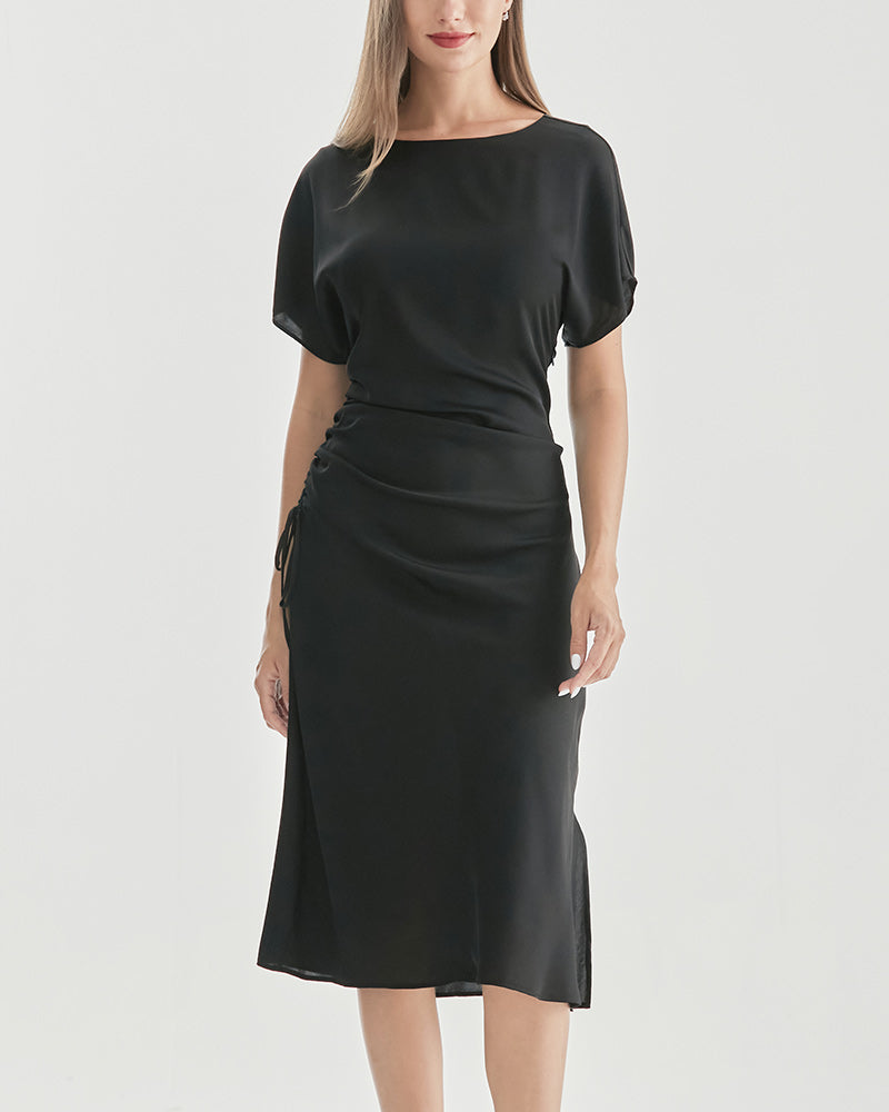 Silk Short Sleeve Pleated Dress Black