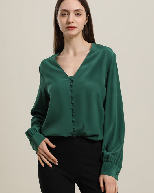Deep V-Neck Long Sleeve Women Silk Blouse