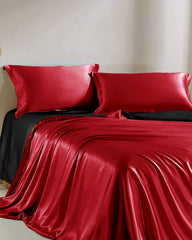 Double Color Silk Bedding Set 4PCS, Burgundy, Black
