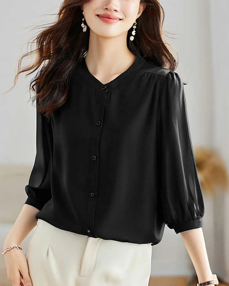 Round Neck 3/4 Sleeve Silk Blouse, Black