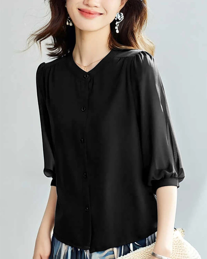 Round Neck 3/4 Sleeve Silk Blouse, Black