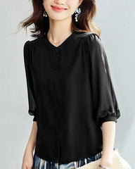 Round Neck 3/4 Sleeve Silk Blouse, Black