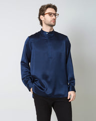 Silk Men's Casual Long Sleeve Shirt, Navy