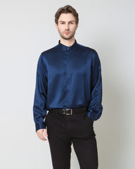 Silk Men's Casual Loose Office Shirt, Navy