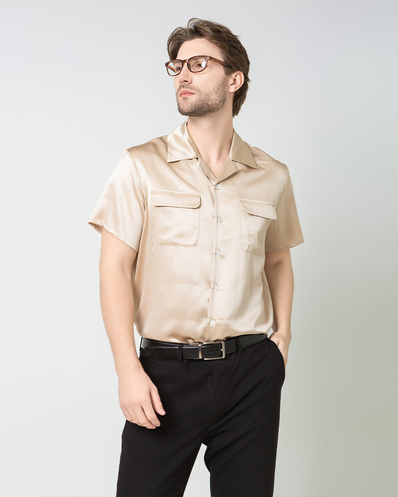 Silk Men's Short Sleeve Shirt With Two Pockets, Champagne
