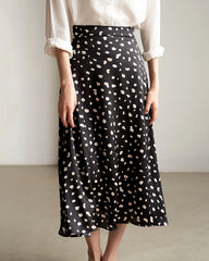 Leopard Print Flared Flowy Silk Maxi Skirt, Black And White