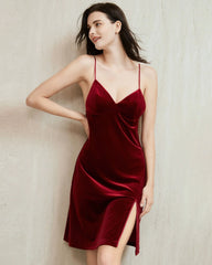V Neck Silk Velvet Nightdress, Burgundy