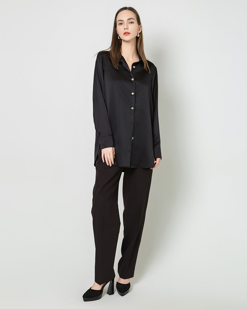 Oversized Button Up Silk Shirt, Black