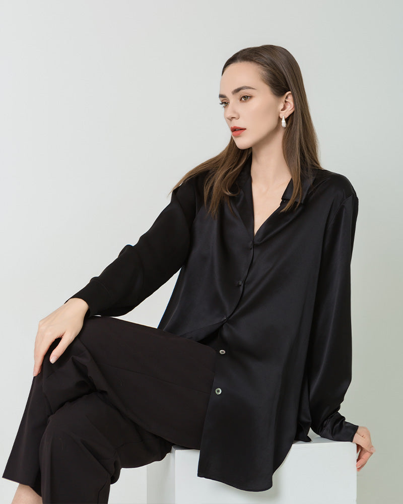 Oversized Button Up Silk Shirt, Black
