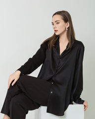 Oversized Button Up Silk Shirt, Black