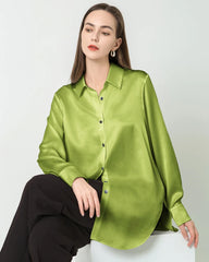 Oversized Button Up Silk Shirt, Mustard Green