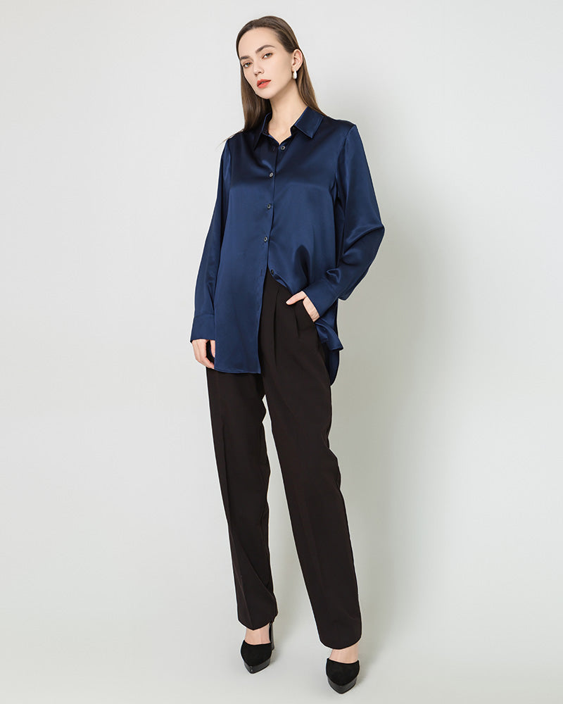Oversized Button Up Silk Shirt, Navy