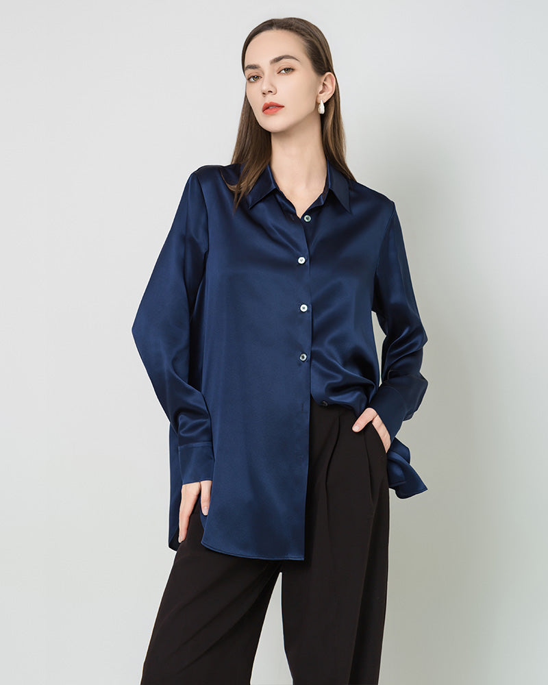 Oversized Button Up Silk Shirt, Navy