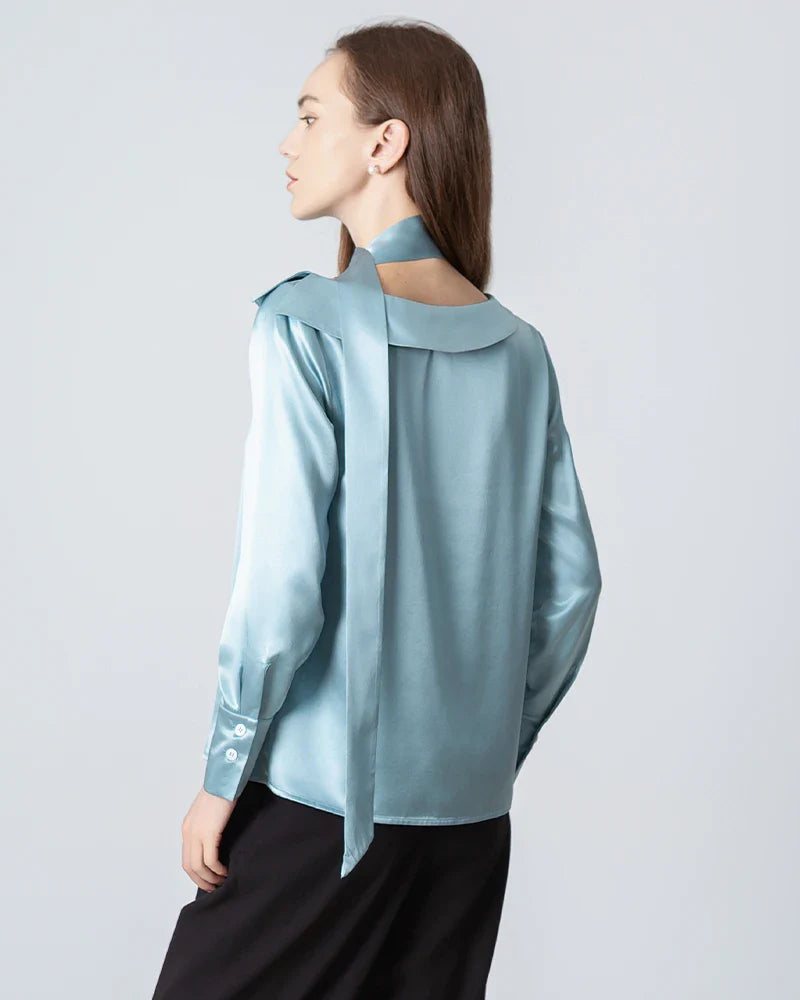Silk Tie Neck Blouse, Blue