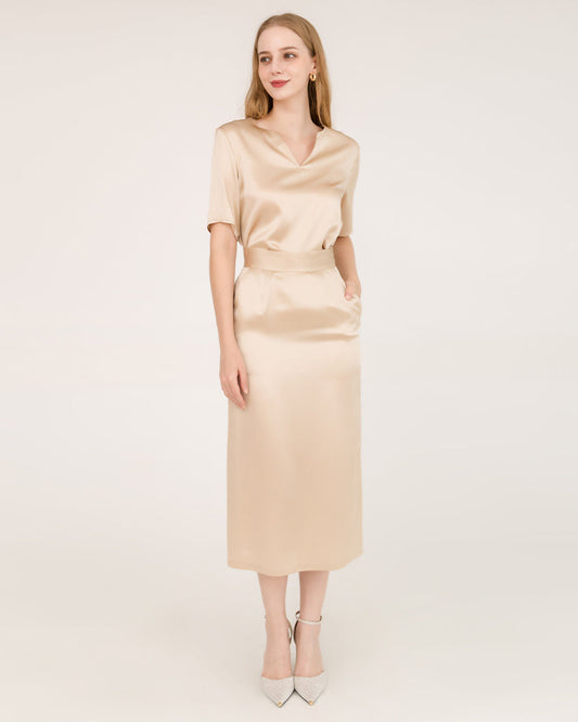 V-Neck Silk Blouse and Silk Midi Skirt Set