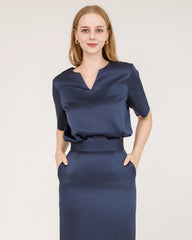 V-Neck Silk Blouse and Silk Midi Skirt Set