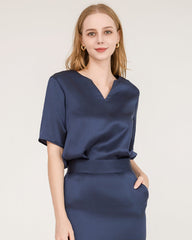 V-Neck Silk Blouse and Silk Midi Skirt Set
