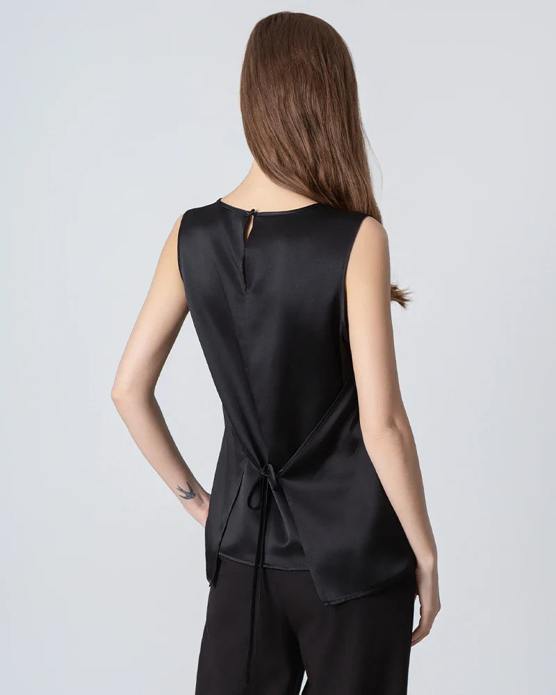 Sleeveless Lace-up Silk Blouse, Black