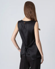 Sleeveless Lace-up Silk Blouse, Black