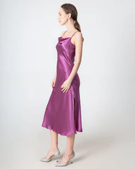 Slit Cowl Neck Midi Silk Dress, Purple