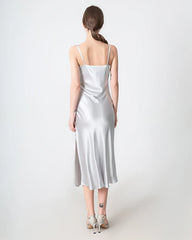 Slit Cowl Neck Midi Silk Dress, Grey