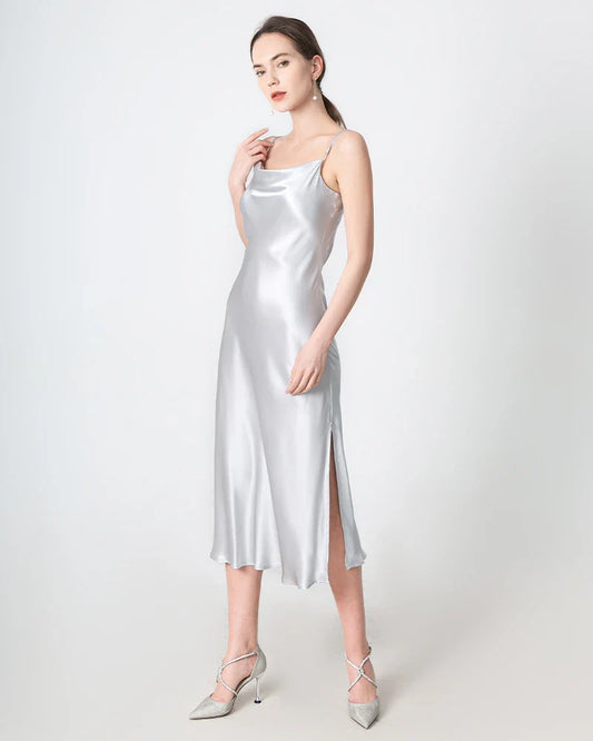 Slit Cowl Neck Midi Silk Dress, Grey