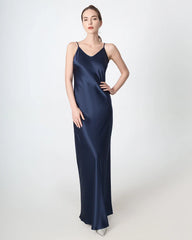 Slit V-neck Maxi Silk Dress, Navy