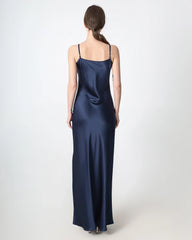 Slit V-neck Maxi Silk Dress, Navy