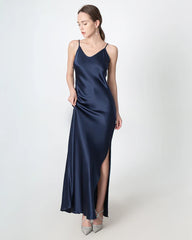 Slit V-neck Maxi Silk Dress, Navy