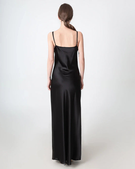 Slit V-neck Maxi Silk Dress, Black