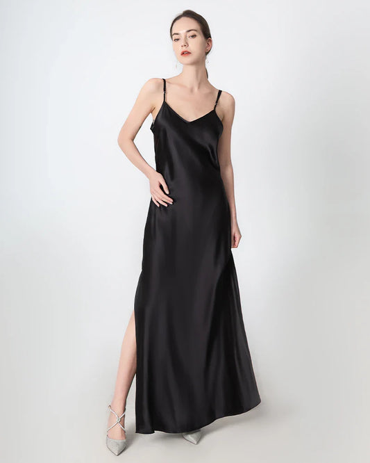 Slit V-neck Maxi Silk Dress, Black
