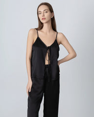 V-neck Camisole Silk Pajama Set, Black