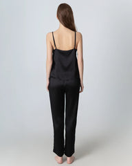 V-neck Camisole Silk Pajama Set, Black