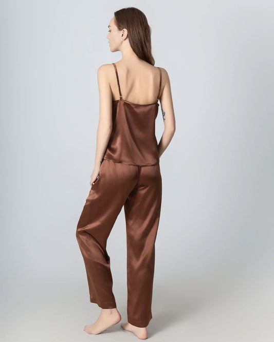 V-neck Camisole Silk Pajama Set, Brown