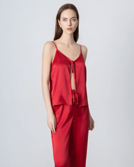 V-neck Camisole Silk Pajama Set, Red