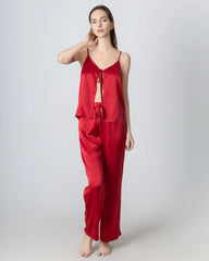 V-neck Camisole Silk Pajama Set, Red