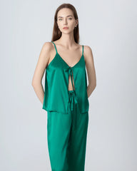 V-neck Camisole Silk Pajama Set, Dark Green