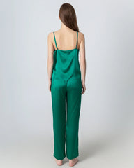 V-neck Camisole Silk Pajama Set, Dark Green