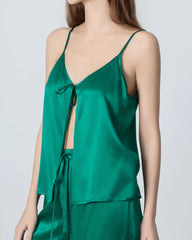 V-neck Camisole Silk Pajama Set, Dark Green