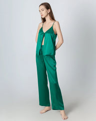 V-neck Camisole Silk Pajama Set, Dark Green